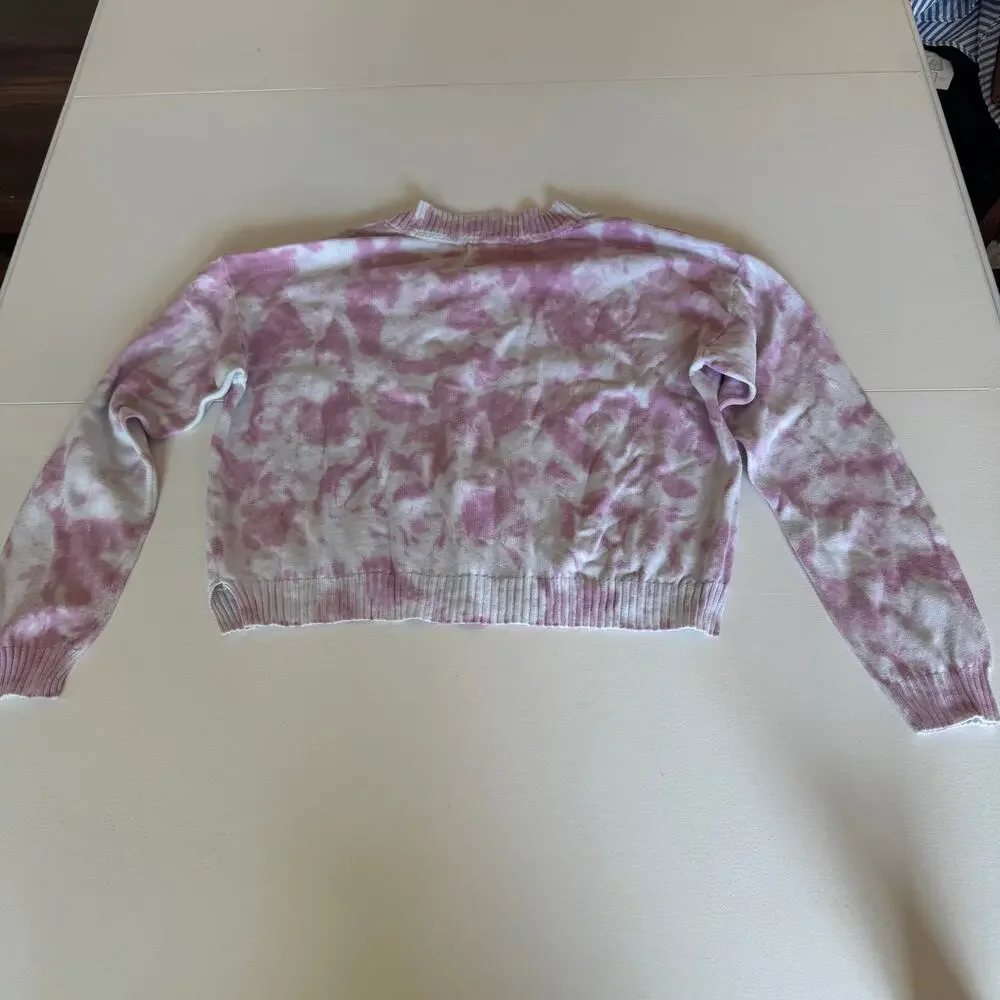 Anthropologie Pink White Tie Dye V Neck Sweater Size XS Cotton Long Sleeve